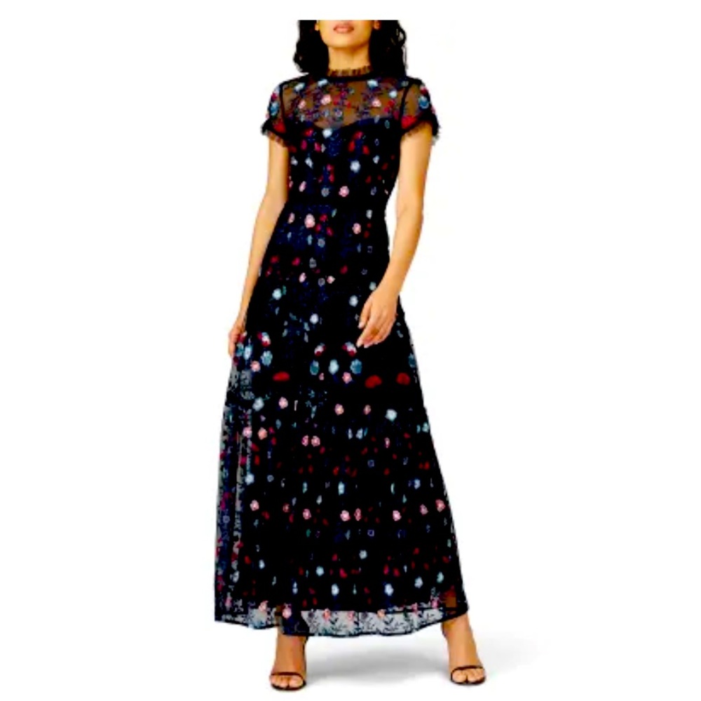 Monique Lhuillier Black Maxi Dress with Multicolor Floral Embroidery